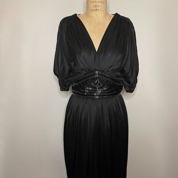 Tadashi Shoji Dresses & Skirts - 1980s Draped Jersey Knit Tadashi Shoji Disco Midi Dress Hand Beaded Evening Gown